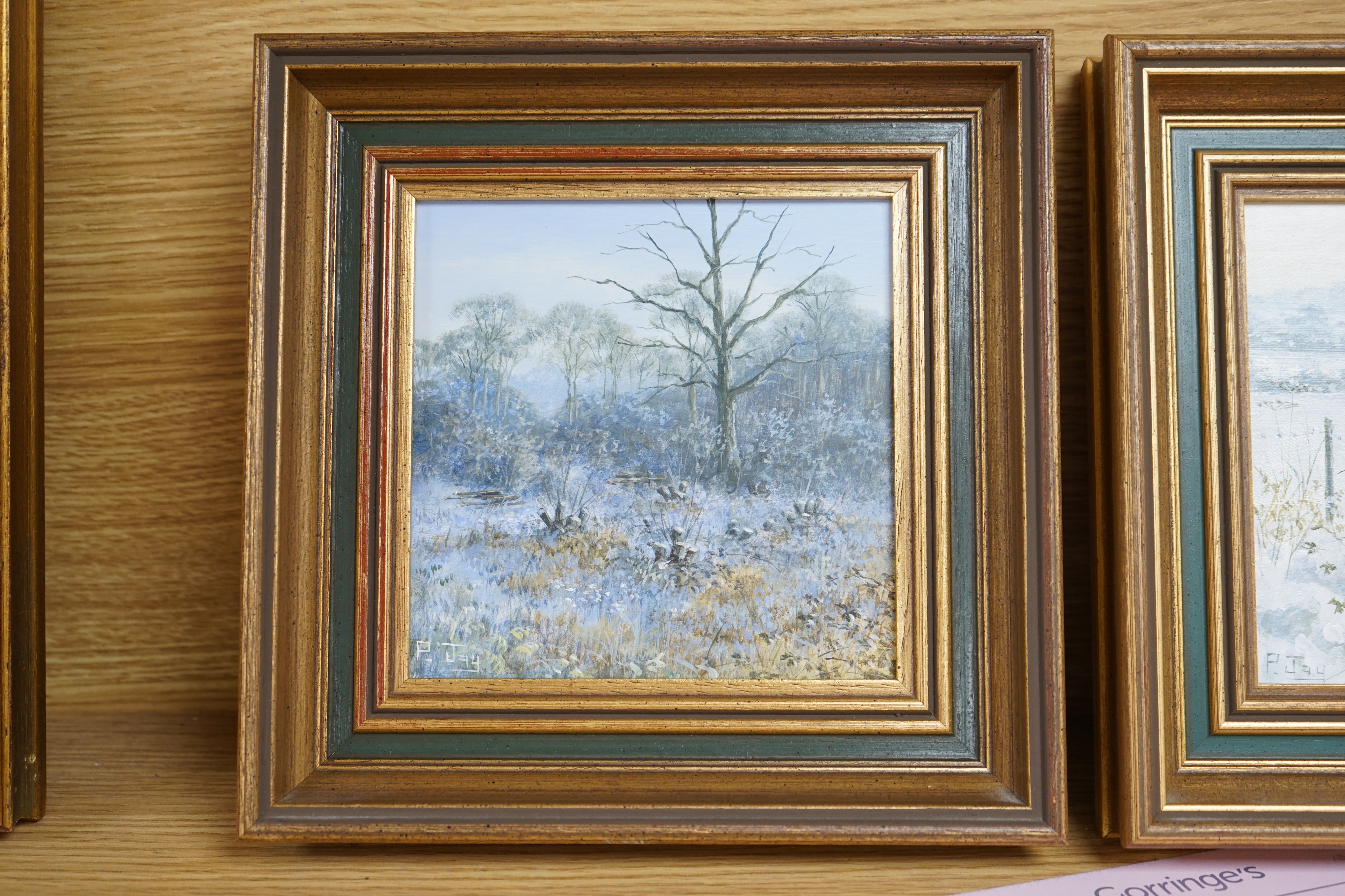 Peter Jay (b.1936), set of three oils on board, Spring, Summer and Winter landscapes, each signed, 14 x 14cm